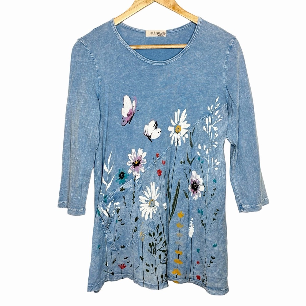 Jess And Jane Butterfly Floral Tunic Top Womens Small Artsy Boho Indie Cottage